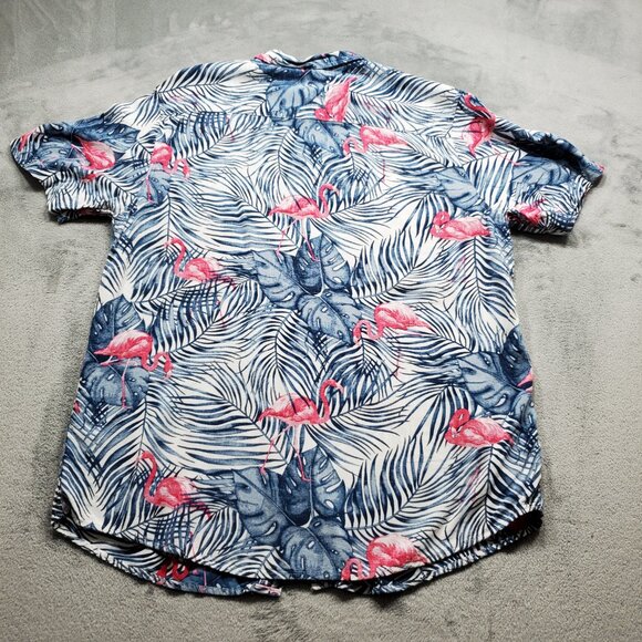 Ron Jon Surf Shop Hawaiian Tropical Shirt w Pink Flamingos Blue Flowers Men Sz L - Picture 2 of 9